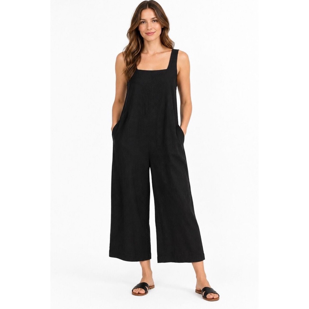 Halston Linen Jumpsuit Wide Leg Cropped Square Neck Smocked Resortwear 8